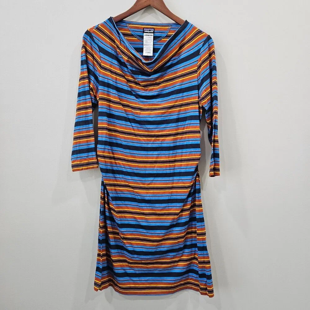 Patagonia Womens Kamala Cowl Neck Dress L Multicolor Ruched Striped Western Fall
